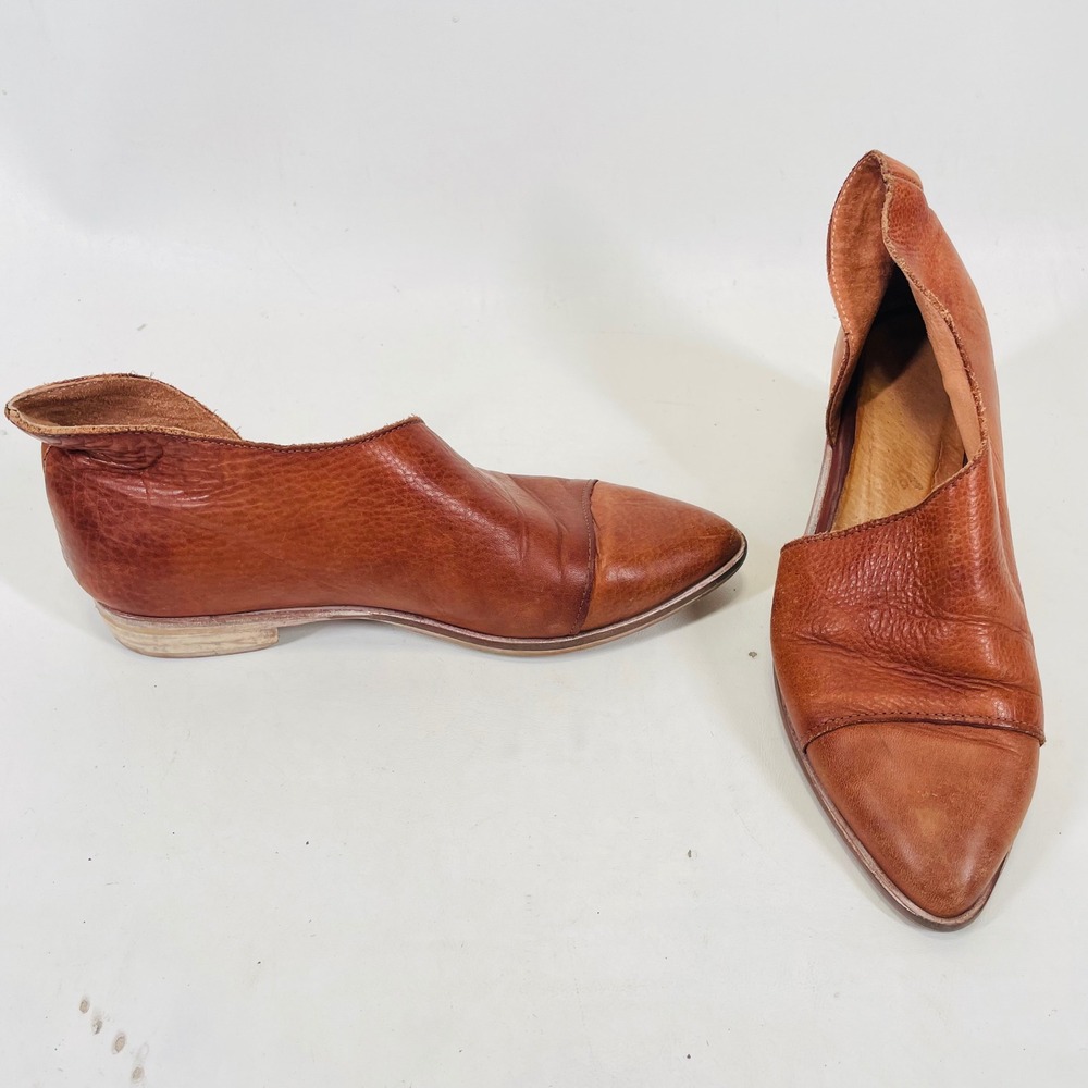 Handcrafted Cognac Brown Leather d'Orsay Pointed Toe Flats Size 38 Made in Spain